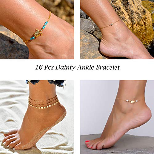 Starain 12Pcs Summer Beach Anklets for Women Waterproof Gold Silver Chain Ankle Bracelets Cute Women's Foot Anklet Set 7.9-10.5 inch Adjustable - color: 16Pcs Gold Ankle Bracelet