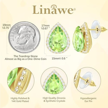 Linawe Women Stud Earrings, Teardrop Diamond Moissanite Cubic Zirconia Earrings Studs Rhinestone Jewelry Gold/Silver/Rose Gold - color: Gold,August