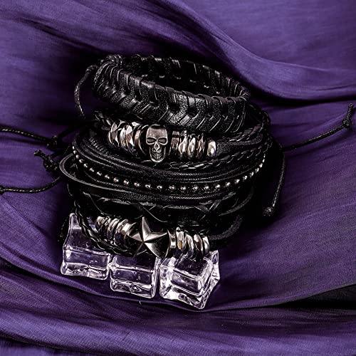 MILAKOO 6Pcs Punk Leather Bracelets for Women Men Braided PU Wristband Skull Skeleton Accessories - color: A: Black
