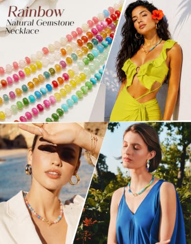 Beaded Necklaces for Women, Boho Colorful Bead Choker Necklace | Natural Gemstones, Summer Beach Jewelry, 18K Gold Plated, Handmade, Gift for Her,Charm Necklace - color: Blue&Green