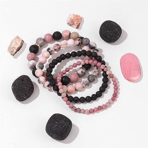 Vinswet 4pcs Beaded Bracelets for Women,Natural Healing Crystal Gemstones Bracelet,Anxiety Stress Relief Bracelet Handmade purple Jewelry Gifts for Women - color: Pink zebra&Lava Rock&Rhodochrosite