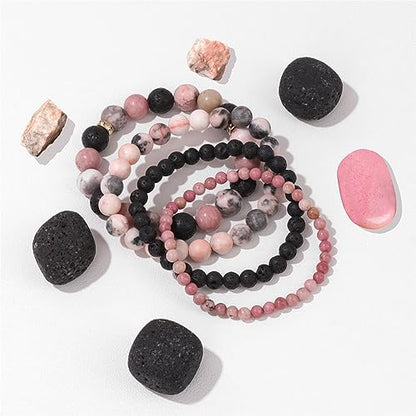 Vinswet 4pcs Beaded Bracelets for Women,Natural Healing Crystal Gemstones Bracelet,Anxiety Stress Relief Bracelet Handmade purple Jewelry Gifts for Women - color: Pink zebra&Lava Rock&Rhodochrosite