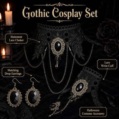 YANCHUN Halloween Gothic Jewelry Set Vampire Accessories Black Choker Necklace Bracelet Earrings Set Witch Cosplay Halloween Costume Accessories - color: 3pcs-Black