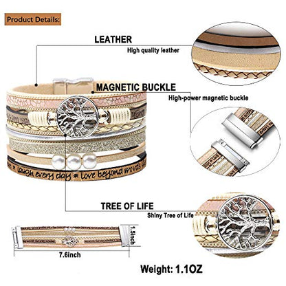 Desimtion Inspirational Tree of Life Boho Leather Wrap Bangle Bracelets for Women, Teen Girl Gifts Trendy Stuff, Fashion Accessories Jewelry Gifts for Women Girls - color: Beige
