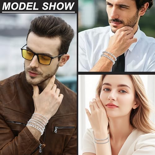 6PCS Stainless Steel Bracelets for Men Women, Silver Gold Black Cuban Link Rope Snake Wheat Chain Paperclip Figaro Jewelry Set, 7/8/9 Inches - color: Silver, size: 8 inches