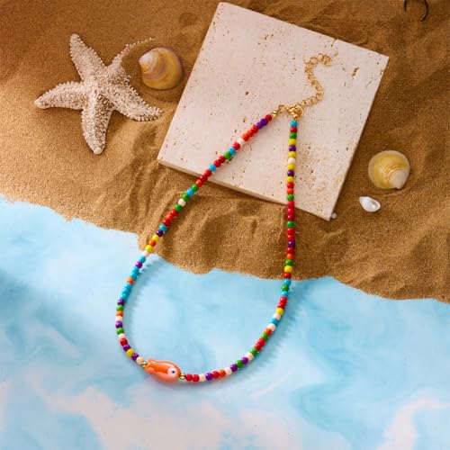 Seed Bead Choker Necklace for Women Bohemian Tiny Beads Choker Colorful Rice Bead Starfish Choker Summer Surfer Beach Necklace Jewelry Gift - color: A-Colorful Fish