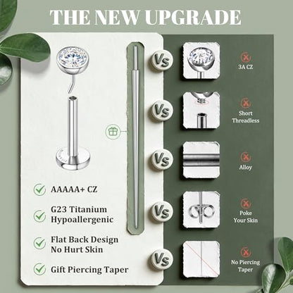 GEMQUEEN 4 Pairs 16G/18G/20G G23 Titanium Implant Grade Nose Studs Threadless Flat Back Earrings Hypoallergenic Flatback 5A CZ Cartilage Helix Tragus Conch Tiny Lip Piercing Jewelry for Women Men - color: Pure Titanium-20G(0.8MM))-Bar-6/8MM&CZ-2/3/4MM