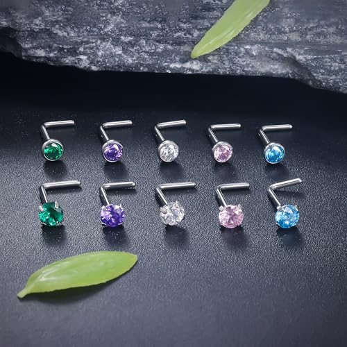 ASTM F136 Titanium Nose Rings 18G 20G 22G Jeweled Mix Color CZ Nose Studs Ring Screw L-Shaped Bone Hypoallergenic Nostril Body Piercing Jewelry for Women 1.5mm 2mm 2.5mm 3mm 10PCS - style: L-Shaped:20G(0.8mm)-3mm CZ