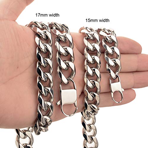 Hip Hop Mens Choker Stainless Steel Miami Chain Curb Cuban Link Rapper Necklace Jewelry with Tail - style: 17mm width