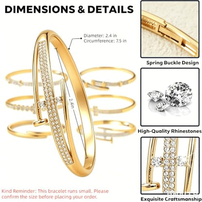 Pack of 6 - Gold Bracelet Bangles Bulk Set for Women,Trendy Stackable, Zinc Alloy Rivet & Four-Leaf Clover Design Stackable Bangles with Rhinestones, 7-inch Circumference Fits Most Adults, Jewelry Gift for Her, Girlfriend, Wife, Mom, Sister, Lover on Birt