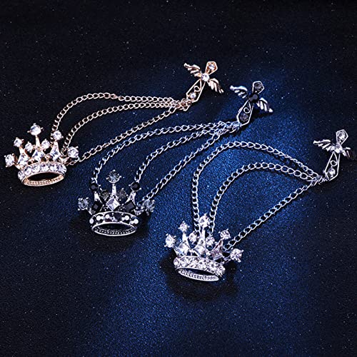 Collar Chain Pin for Men and Women - Hanging Tassel Brooch Lapel Pin for Business Suits - Bar Pin With Long Chain - Gifts - color: H: crown silver