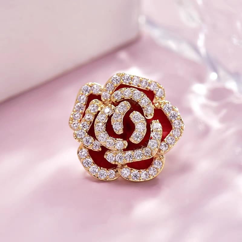 Brooches for Women, Shiny Cubic Zirconia Brooch Pins for Women Fashion Brooch Pin Broach Jewelry Gift - color: Red camellia