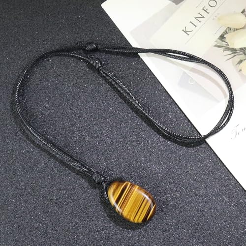 Natural Gemstone Pendant Necklace Healing Crystal Stone Choker Necklace Adjustable Waxed Black Rope for Men - color: Tiger's Eye