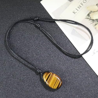 Natural Gemstone Pendant Necklace Healing Crystal Stone Choker Necklace Adjustable Waxed Black Rope for Men - color: Tiger's Eye