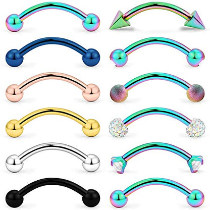 SCERRING 12PCS 16G 10mm Stainless Steel Eyebrow Tragus Helix Rook Daith Earrings Belly Lip Ring Clear Cubic Zirconia Barbell Body Piercing Jewelry - color: 12PCS - Rainbow