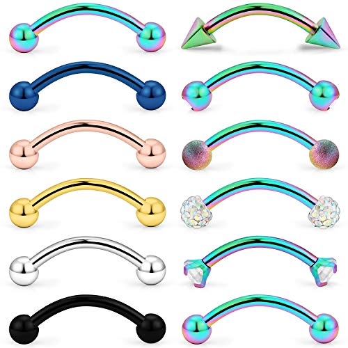 SCERRING 12PCS 16G 10mm Stainless Steel Eyebrow Tragus Helix Rook Daith Earrings Belly Lip Ring Clear Cubic Zirconia Barbell Body Piercing Jewelry - color: 12PCS - Rainbow