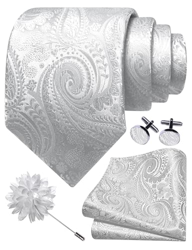 GUSLESON Paisley Tie Set for Men 3.15" Necktie Lapel Pin Hankerchief Cufflinks Set for Men - color: White
