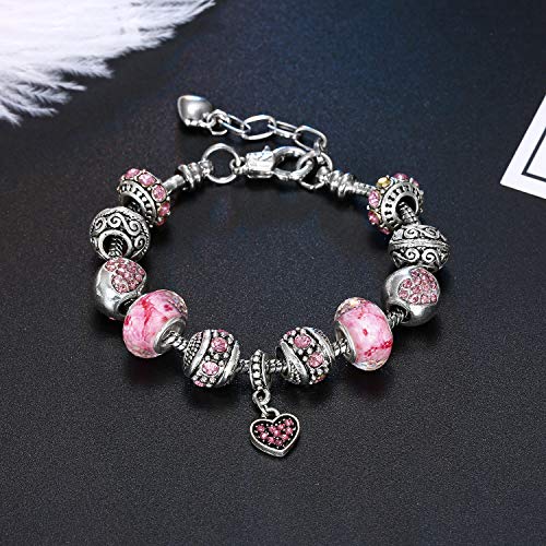 Pink Hearts Silver Plated Charm Bracelet, DIY Jewelry for Women with Beads, Charms, and Adjustable Snake Chain, Fits 7.5"+1.5" - color: Pink, size: 19cm