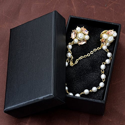Champagne Tone Crystal Pearl Daisy Flower Brooches Pins with Pearl Chain Tassel Sweater Guard Clip Pin
