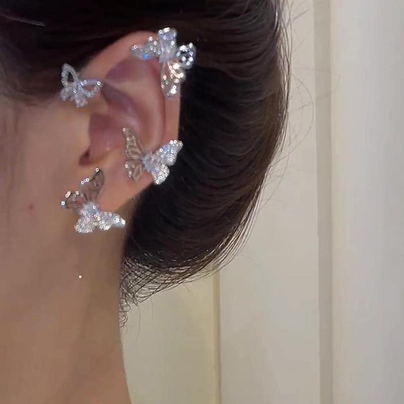 2 Pairs Dainty Silver Butterfly Ear Cuffs & Wraps for Women Non Piercing Bling Butterfly Tassel Style Zircon Earrings Ear Clips Bridal Wedding Jewelry - color: Silver-D
