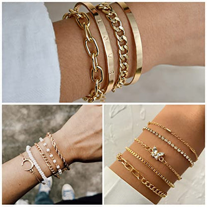 IFKM Gold Plated Jewelry Set for Women,14k Gold Plated Multi Layer Necklaces Stackable Bangle Bracelets Stackable Knuckle Rings Hoop Earrings Set Anniversary Trendy Elegance Charms Anniversary Birthday Jewelry Gift - color: Gold