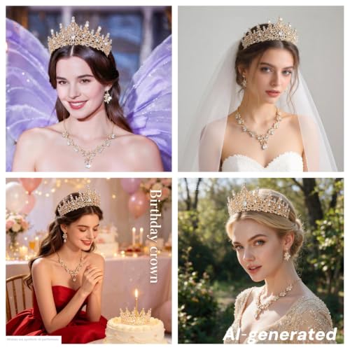 Kamirola Tiaras and Crowns for Women,Tiaras Earrings Necklace, Crystal Bridal Jewelry Set, Costume Jewelry for Women Party Halloween Prom Pageant - color: GOLD WHITE
