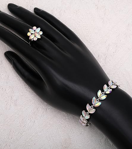 CSY Elegant Bridal Jewelry Sets Wedding Prom Homecoming Gown Accessories | Austrian Marquise Crystal Wedding Necklace Dangle Earrings Tennis Bracelet Ring Set for Bride Women Costume Accessories - color: Iridescent AB Crystal - Silver tone