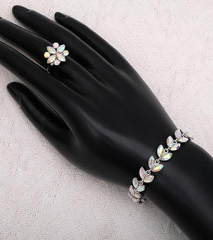 CSY Elegant Bridal Jewelry Sets Wedding Prom Homecoming Gown Accessories | Austrian Marquise Crystal Wedding Necklace Dangle Earrings Tennis Bracelet Ring Set for Bride Women Costume Accessories - color: Iridescent AB Crystal - Silver tone