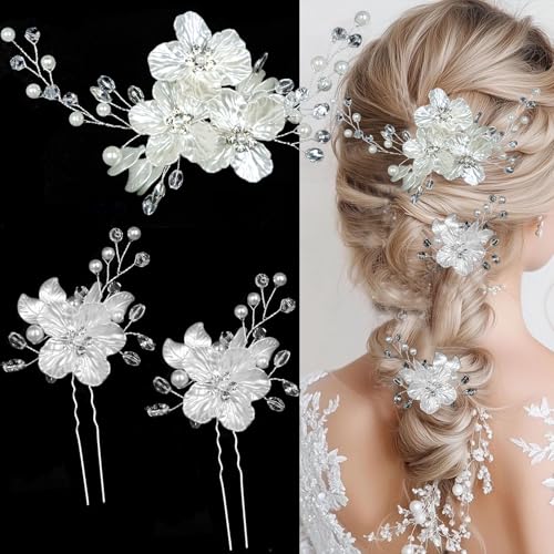 3 PCS Large Flower Bridal Wedding Hair Pins Crystal Pearl Hair Clips Headpiece Bride Hair Accessories Jewelry with Rhinestone, Glitter Emboss White Flower - color: Glitter Emboss White Flower