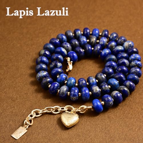 Boho Gemstone Beaded Necklace for Women – Colorful Natural Stone Choker 18K Solid Heart-Shaped Pendant, Summer Beach Jewelry - color: Lapis Lazuli