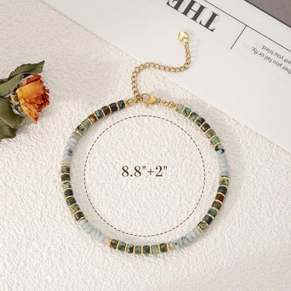 Natural Stone Beaded Anklets for Women Teen Girl Gifts Trendy Stuff Boho Anklet Colorful Bead Ankle Bracelets for Women Waterproof Handmade Beach Gifts Summer Jewelry Birthday Christmas Gift - color: Malachite