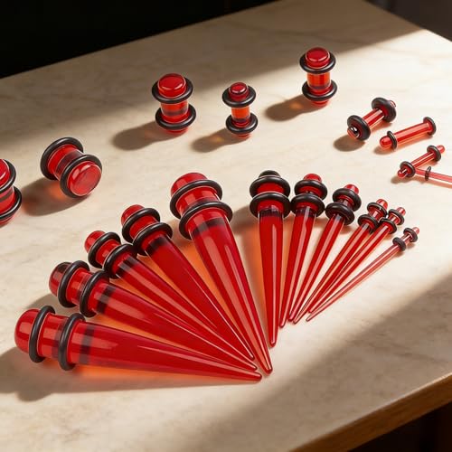 50Pcs Ear Stretching Kit 14G-00G: Acrylic Tapers Plugs Silicone Tunnels Hypoallergenic Gauges Expander Set Body Piercing Jewelry for Men Women - color: Red