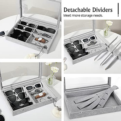 Emibele Glasses Organizer Jewelry Tray, 8 Grids with Clear Lid Velvet Tray Watch Storage Stackable Jewelry Showcase Display Storage with Detachable Inner Dividers - Grey - style: G1- eight Grids with Lid