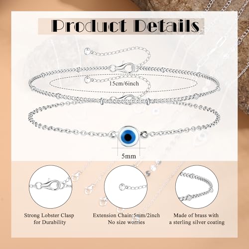 MILACOLATO 925 Sterling Silver Clasp Paperclip Chain Bracelets for Women | 14K White Gold Plated Adjustable Bracelets, Dainty Stackable Layered Satellite Beads Evil Eye Infinity Bracelets Jewelry Gift - color: EVIL EYE Chain + Satellite Chain