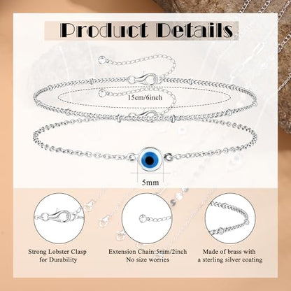 MILACOLATO 925 Sterling Silver Clasp Paperclip Chain Bracelets for Women | 14K White Gold Plated Adjustable Bracelets, Dainty Stackable Layered Satellite Beads Evil Eye Infinity Bracelets Jewelry Gift - color: EVIL EYE Chain + Satellite Chain