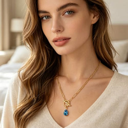 Teardrop CZ Pendant Paperclip Chain Necklace 18K Plated Paperclip Toggle Necklace Jewelry Birthstone Gift for Women - color: Sapphire-September