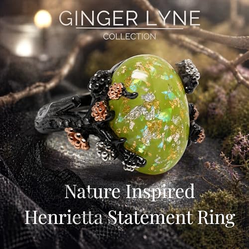 Henrietta Gothic Opal Ring for Women, Fantasy Promise Ring by Ginger Lyne | Simulated White Fire Opal, Cubic Zirconia Black Rose Gold Plated Bold Jewelry Statement Piece For Engagements, Gifts & Events - color: Green-Gold