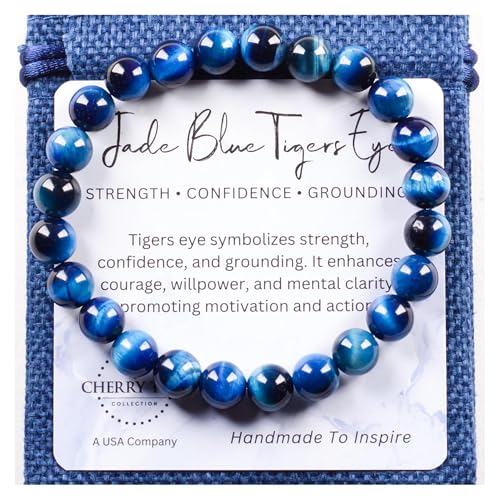 Cherry Tree Collection – Handmade Crystal Bracelets with Black Obsidian, Tiger’s Eye and 6 Other Gemstones for Men & Women – 8mm Beaded Bracelet for Healing, Protection & Positive Energy–Sizes S/M/L - color: Jade Blue Tiger's Eye, size: Medium