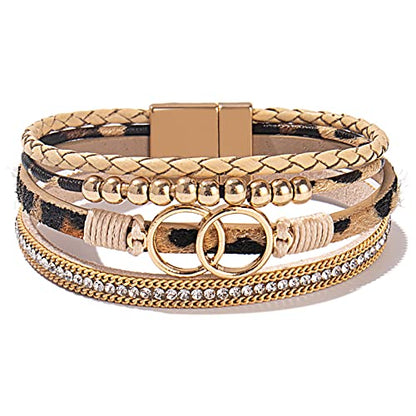 Chunky Boho Leather Wrap Bracelets Cowgirl Beaded Circle Western Jewelry | Stackable Infinity Layered Bohemian Magnetic Clasp Cuff Statement Fashion Colorful Country Hippie Outfits for Women Trendy - color: Leopard