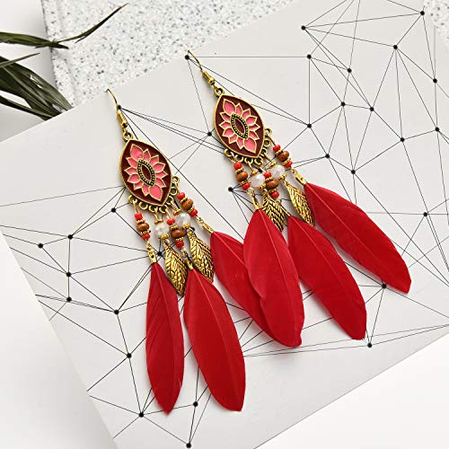 Dreuyet Boho Long Feather Drop Dangle Earrings for Women Retro Bohemian Ethnic Fringe Multicolor Tassel Feather Earring Handmade Statement Dream Catcher Earrings Jewelry - color: Red Oval