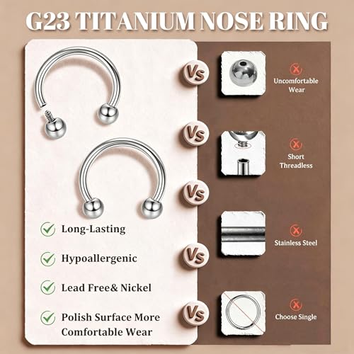 MILACOLATO 2Pcs Implant Grade Titanium Septum Rings for Women Men 16G | G23 Solid Titanium Internally Threaded Horseshoe Circular Barbell Piercing Jewelry for Nose Lip Tragus Eyebrow Helix Daith - color: 2pcs-steel-16g/8mm