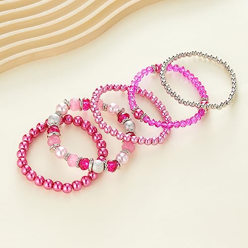 Noessla Beaded Pearl Stretch Bracelet Silver Stackable Crystal Beads Bracelets Trendy Costume Jewelry Mothers Day Gifts for Women - color: Hot pink