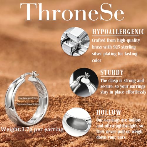 8mm Wide Gold Hoop Earrings for Women Hypoallergenic 925 Sterling Silver post Lightweight Large 14k Chunky Gold Hoop Earrings for Women 20/30/40/50/60mm - color: silver 20mm