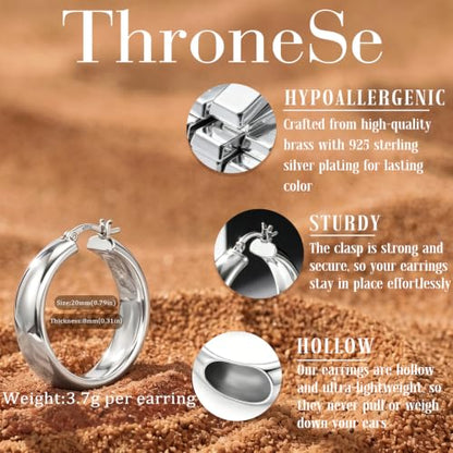 8mm Wide Gold Hoop Earrings for Women Hypoallergenic 925 Sterling Silver post Lightweight Large 14k Chunky Gold Hoop Earrings for Women 20/30/40/50/60mm - color: silver 20mm