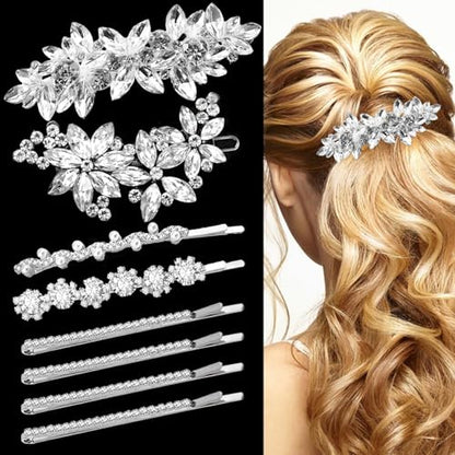 8pcs Rhinestone Side Clips Wedding Silver New Bride Bridesmaid Spring Clip French Hairpins Elegant Floral Stylish Accessories Gift for Women Girls