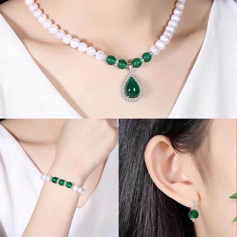 Faux Pearl Jade Necklace Earring Bracelet Set Green Bead Drop Earrings Elastic Beaded Bracelet for Mom Bride Adjustable Simulated Jade Pearl Choker with Diamond for Wedding Birthday Party Gifts 3PCS