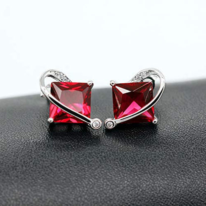 Uloveido Charm Created Topaz Big Square Crystal Necklace Matching Stud Earrings Rings Jewelry Set T295 - color: Red