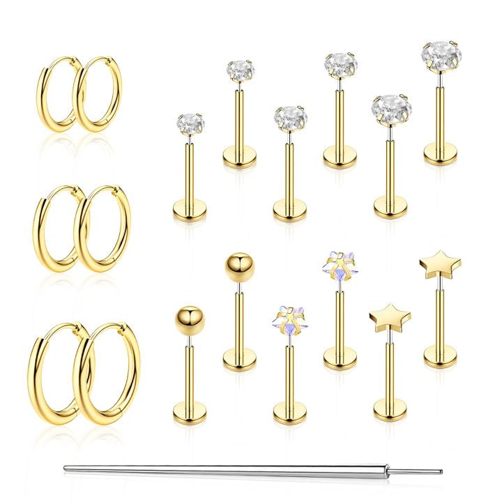 Flat Back Stud Earrings Cartilage Earrings for Women Men Hypoallergenic Threadless Flat Back Earring Surgical Steel Earring Tragus Helix Labret Lip Medusa Conch Body Piercing Jewelry - color: Gold-20G(0.8mm)