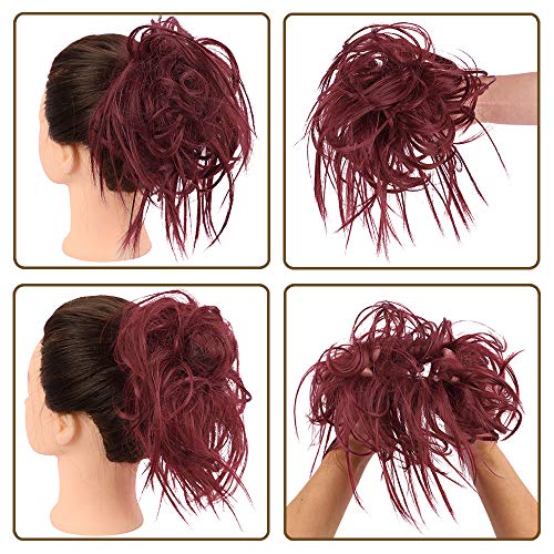 HMD Tousled Updo Messy Bun Hair Piece Ponytail Hairpieces for Women | Synthetic Hair Extension Ponytail with Elastic Rubber Band, Messy Hair Bun Scrunchies for Daily Party - color: Berry Red