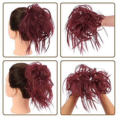 HMD Tousled Updo Messy Bun Hair Piece Ponytail Hairpieces for Women | Synthetic Hair Extension Ponytail with Elastic Rubber Band, Messy Hair Bun Scrunchies for Daily Party - color: Berry Red